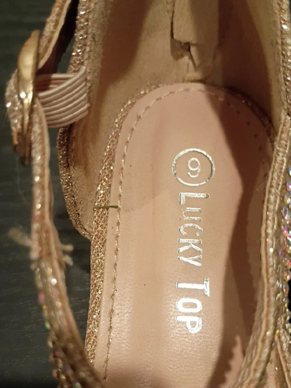 Lucky Top Girls' Gold Glitter Dress Heels with Rhinestone Straps